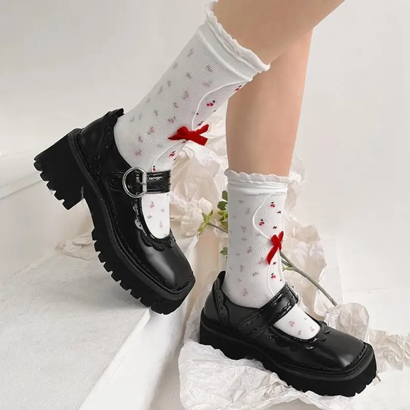 195E damskie plisowane, marszczone wykończenia skarpetki załogi styl japoński Vintage kwiatowy Print Hollow Out siatka