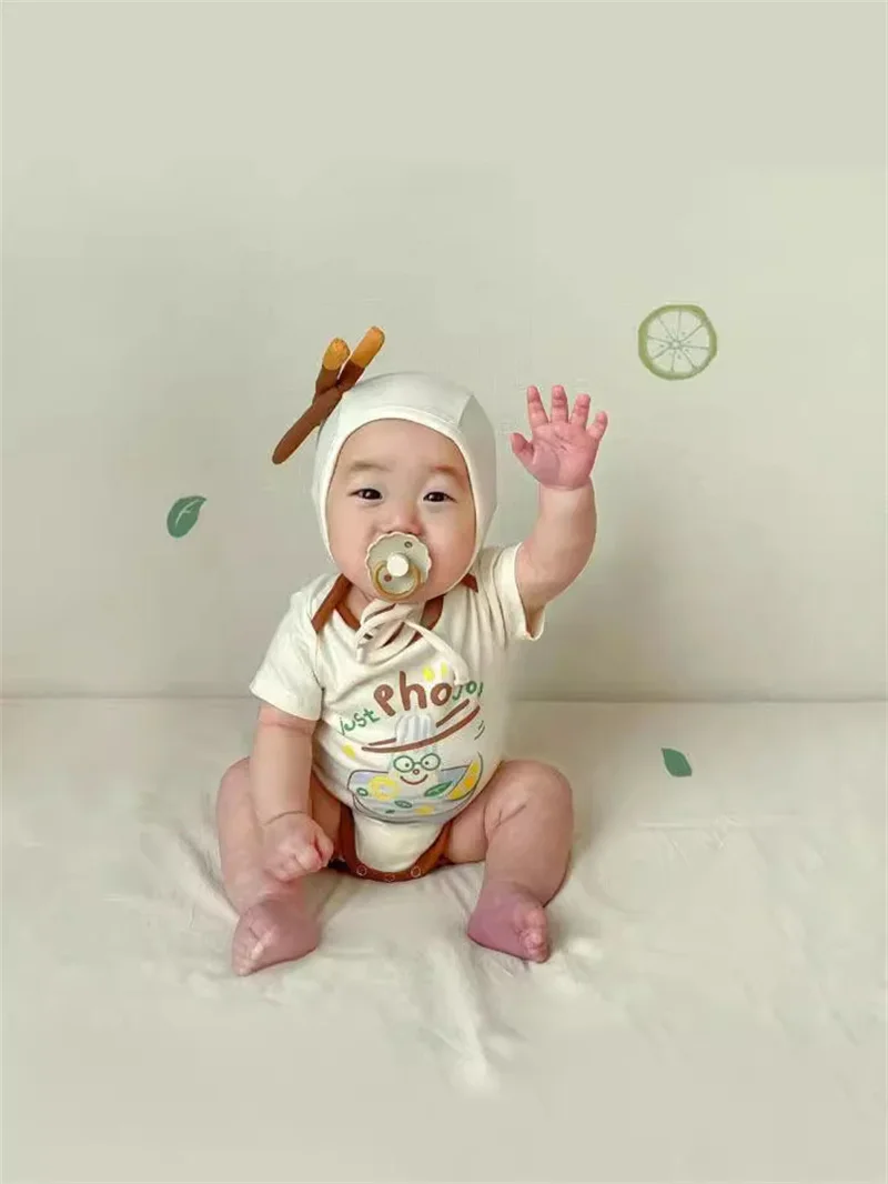 Funny Newborn Baby Girl Clothes Summer Lovely Rice noodles pattern Clothing Baby Boy Bodysuits Infant Cotton Short with hat