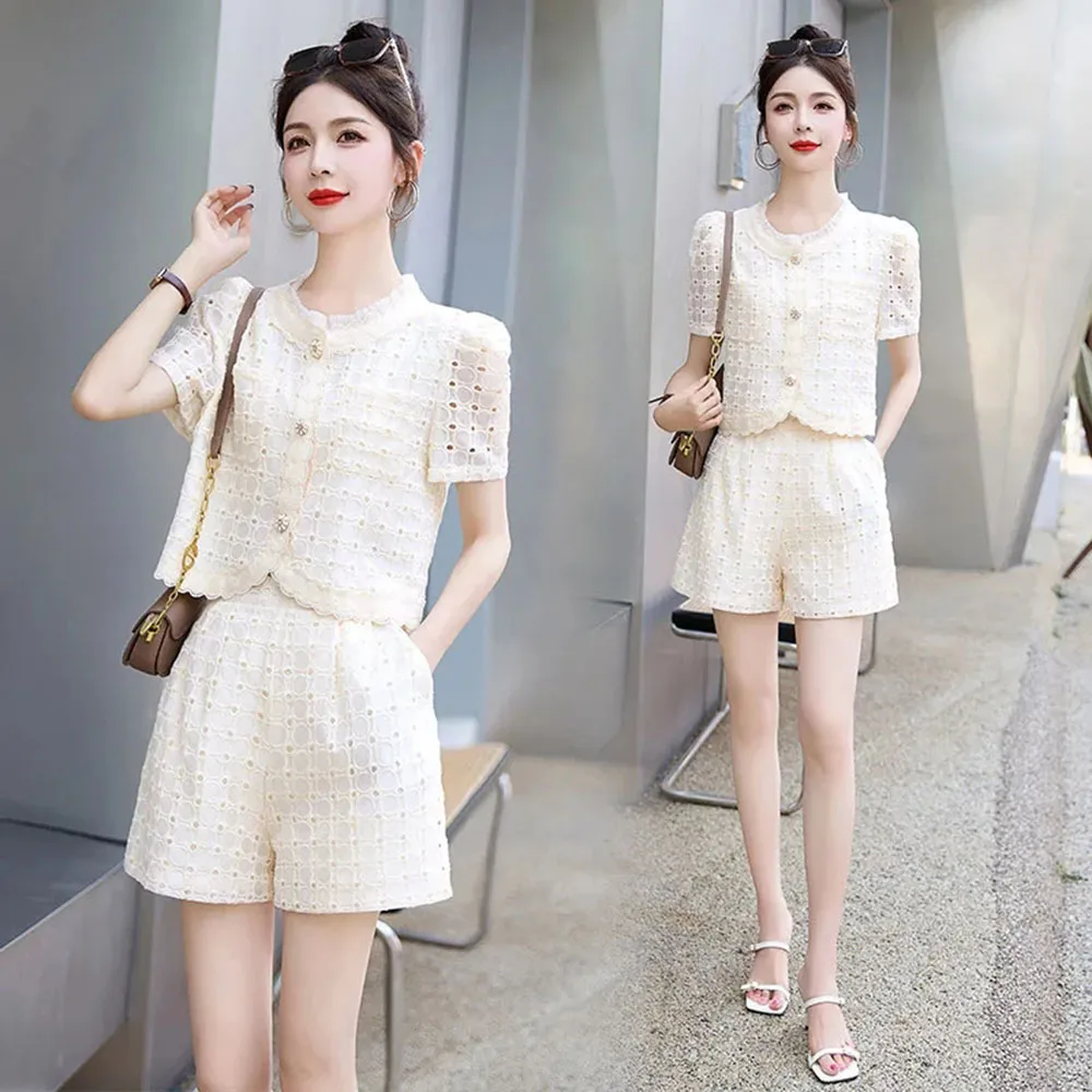 Korean Fashion 2024 Summer Sweet Pink Two Piece Set Women Single Breasted Embroidery Hollow Tops + Pockets Wide Leg Shorts Suit