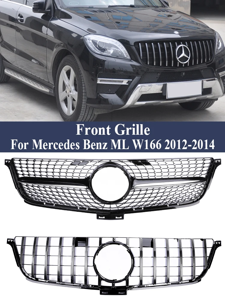 Front Bumper GT Diamond Style Grille Racing Grill Cover Black Silver Exterior Parts For Mercedes Benz ML W166  2012 2013 2014