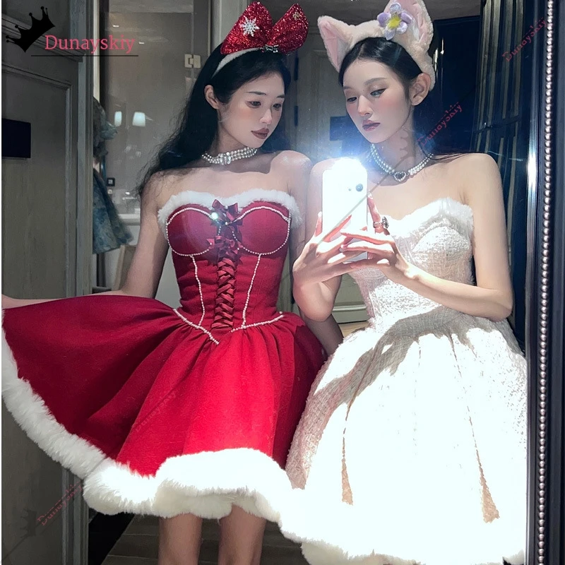 2025 Strapless Dress Cosplay Santa Claus KAWAII Winter Christmas Red Princess Puffy Skirt Xmas Women Holiday Party Dressing