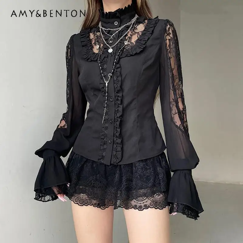 Court Style Dark Lace Off Shoulder Spliced Tops Gothic Subculture Semi-turtleneck Single Breasted Blouse Sweet Cool Shirt Women