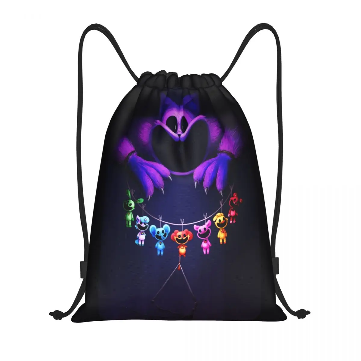 Custom Colorful Smiling Big Mouth Critters Group Drawstring Bag for Training Yoga Backpacks Scarry Animated Game Gym Sackpack