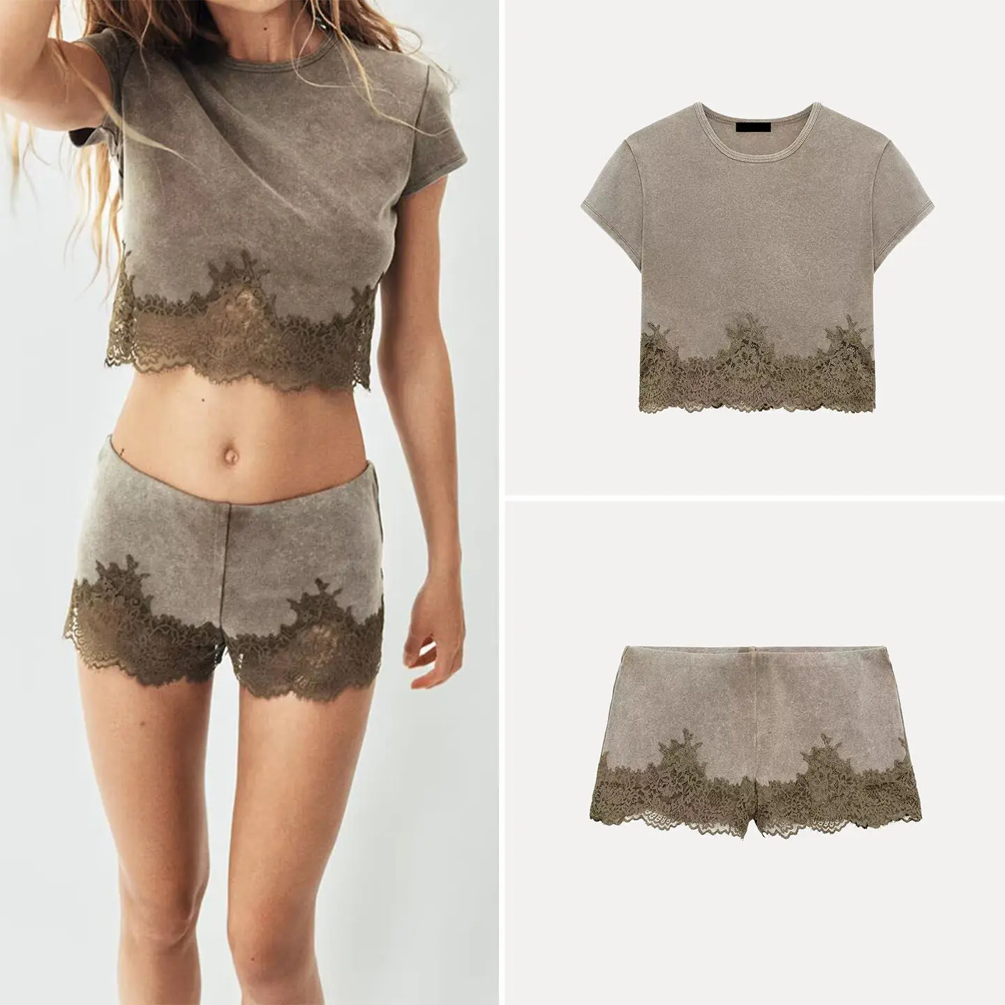 Womens Short Sleeve Lace Trim Washed Effect Top And Shorts Set Low Waist Summer Fashion Outfit Chinese Brand Zadata