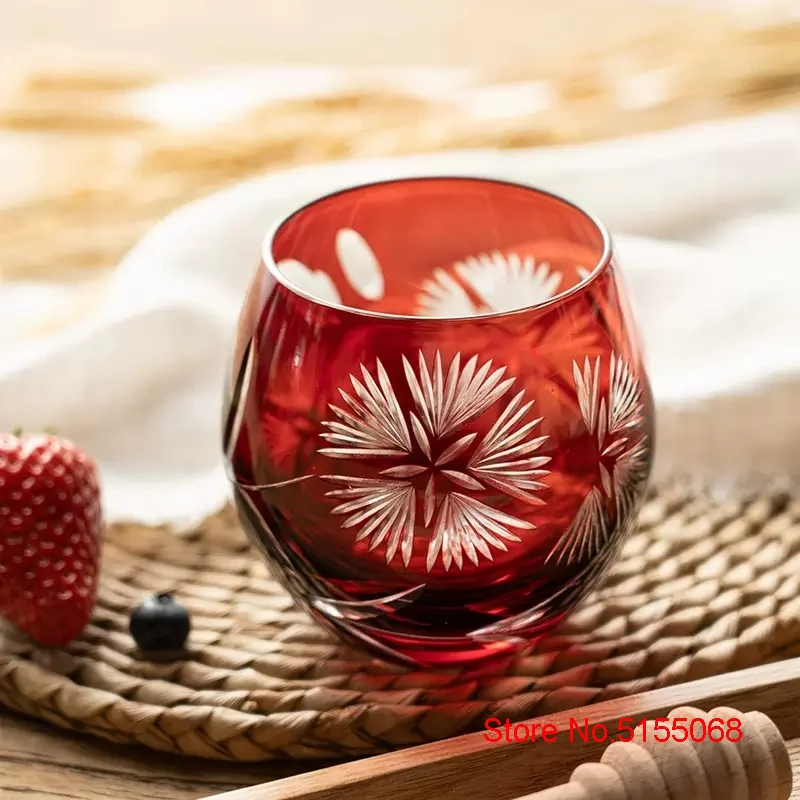 Japanese Exquisite Engraving Flowers Edo Kiriko Wine Glass Art Whiskey Glass Big Belly Whisky Tumbler Drink Cup Wooden Gift Box