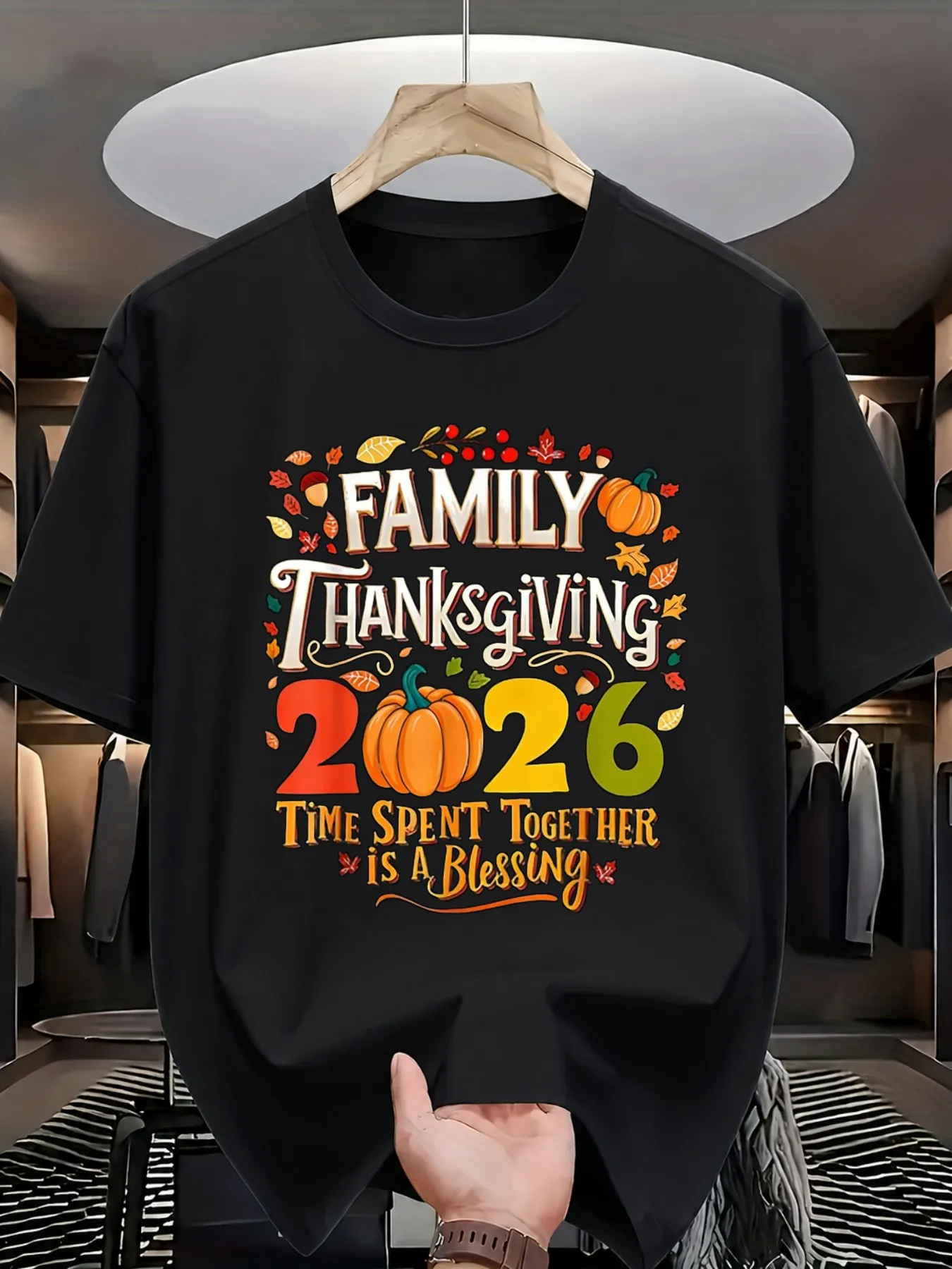26 Family Thanksgiving T Shirt Celebrating the Joy of Being Together Autumn Harvest Design T Shirt with Vibrant Pumpkin and Leaf Pattern Casual Crew Neck T Shirt Perfect for Fall Celebrat Men's T Shirt