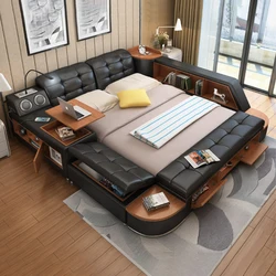 MANBAS Tech Smart Bed Frame | Multifunctional Ultimate Bed with Tatami,Bluetooth and Speaker | Genuine Leather Upholstered Camas