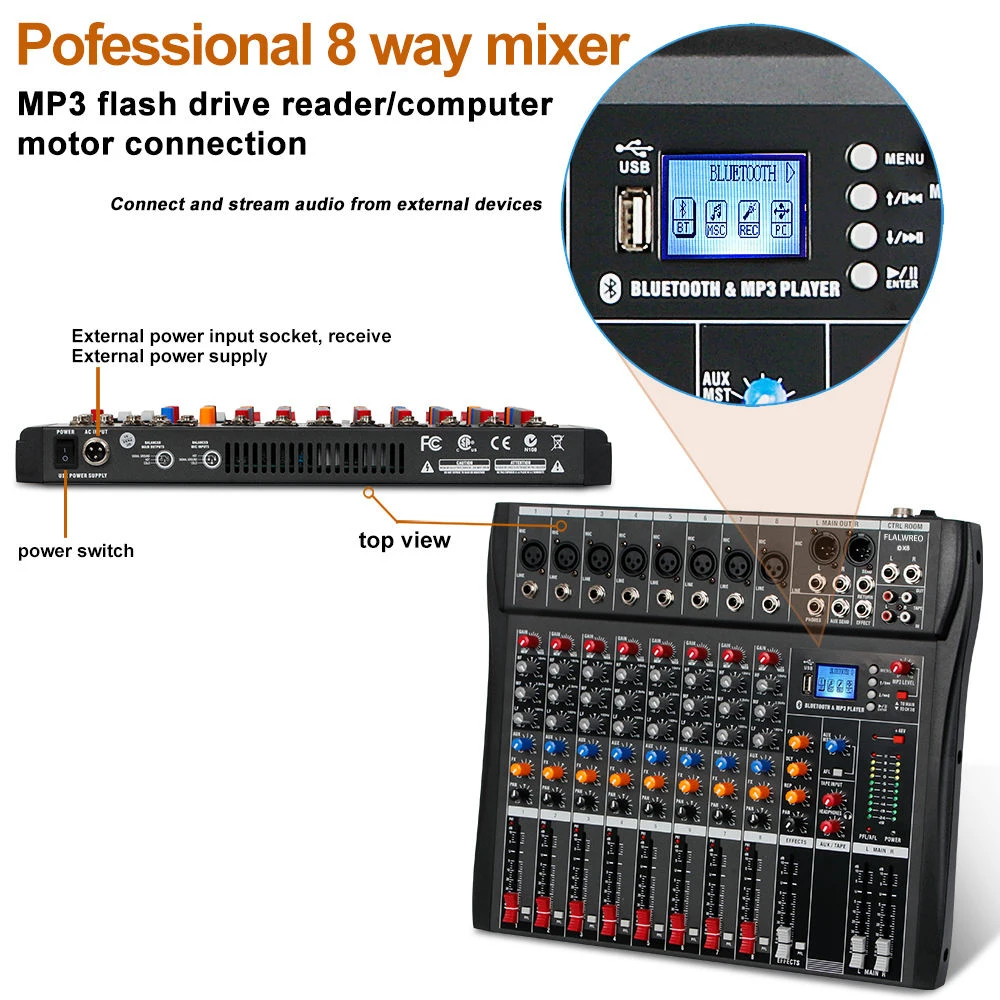 FLALWREO Audio Mixer 6/8/16 Channels Professional DJ mixer +48V Phantom USB Interface Audio Mixer