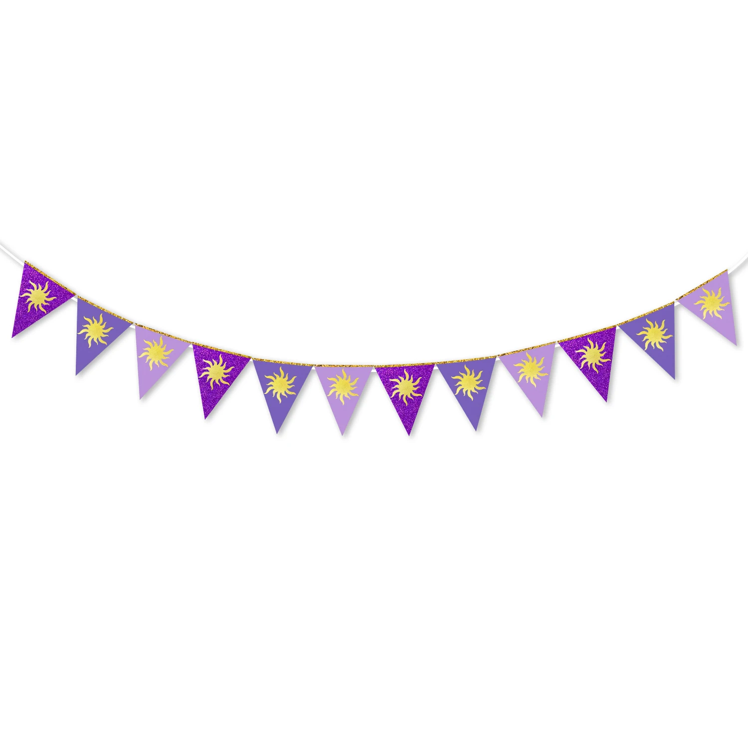 Lila Sonnen-Wimpelkette mit Goldsonnen, Hängende Papier-Dreiecksfahnen für Geburtstag, Brautparty, Hochzeit und Bache-Dekorationen – Detail 6