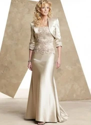 Elegant Long Mother Of The Bride Dresses With Short Jacket Customized Wedding Guest Dress Lace Applique Groom Mom Formal Wear