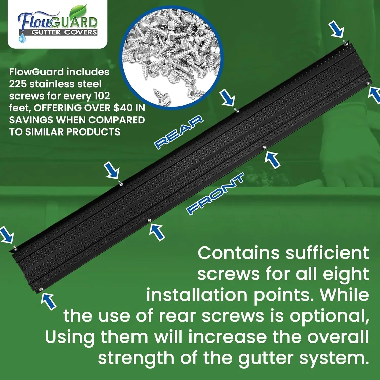 FlowGuard USA Made Professional DIY 5 Inch High Clearance 50-Year Gutter Cover System - Black - Aluminum Gutter Guards - 102 Fee