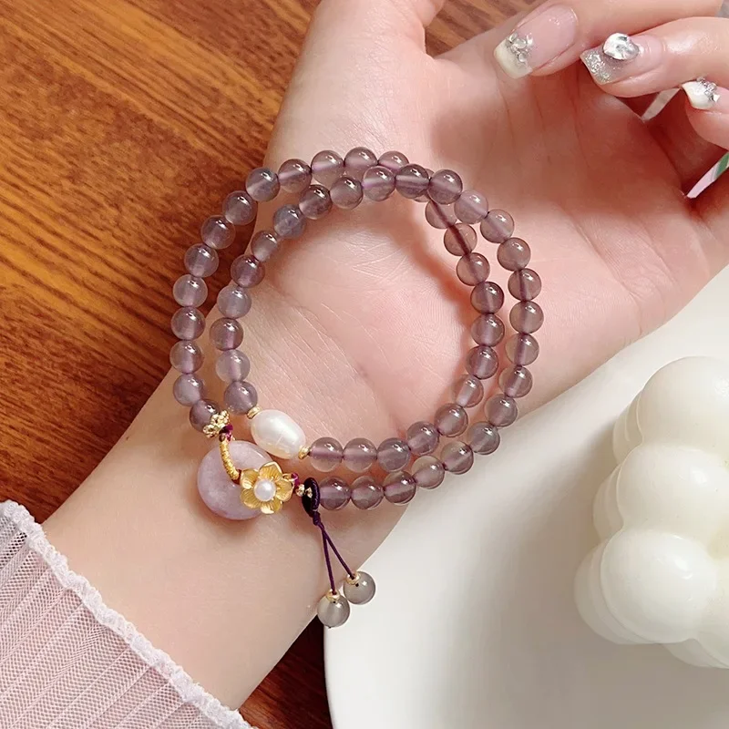 

Chic Women's Bracelet Made of Natural 6mm Smoky Purple Agate with Delicate Chinese Style Antique Gray Crystal Bead Jewelry Retro