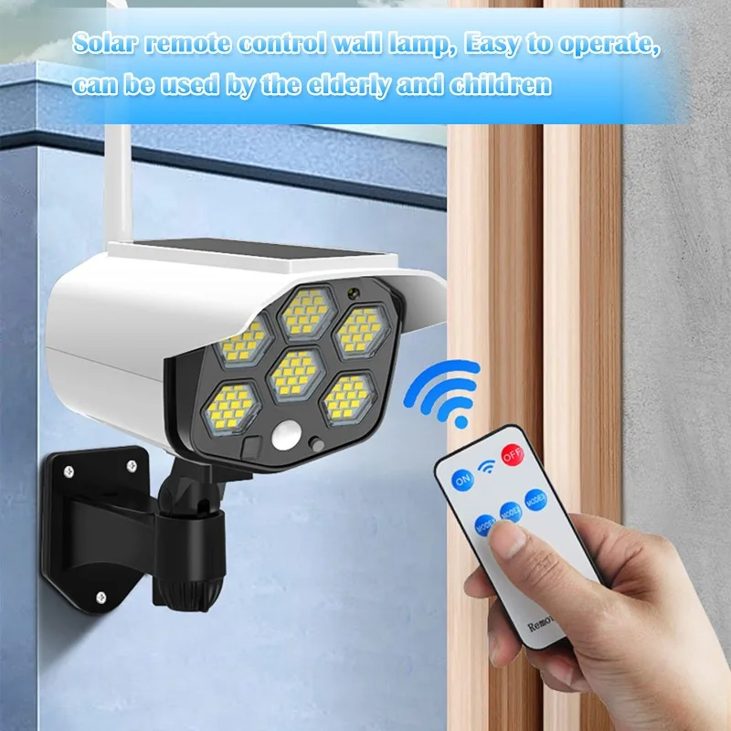 

84-светодиодная солнечная лампа для мониторинга, солнечный настенный светильник с дистанционным управлением, IP65, индукционный светильник для человеческого тела, многоугольное освещение на открытом воздухе