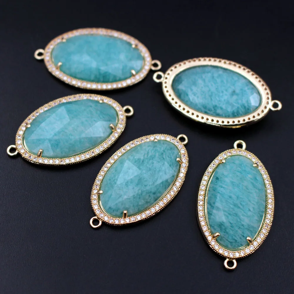 

6pcs Oval Faceted Natural Blue Amazonite Stone CZ Pendant Connectors DIY for Men Women Gold Plated Chains Bracelet Necklaces