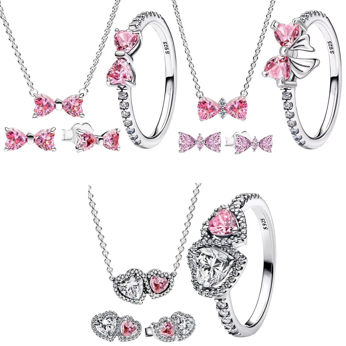 

Hot Sale 925 Sterling Silver Jewelry Set For Women Heart Zircon Ring Earrings Necklace 3pcs Original DIY Women Fine Jewelry Gift