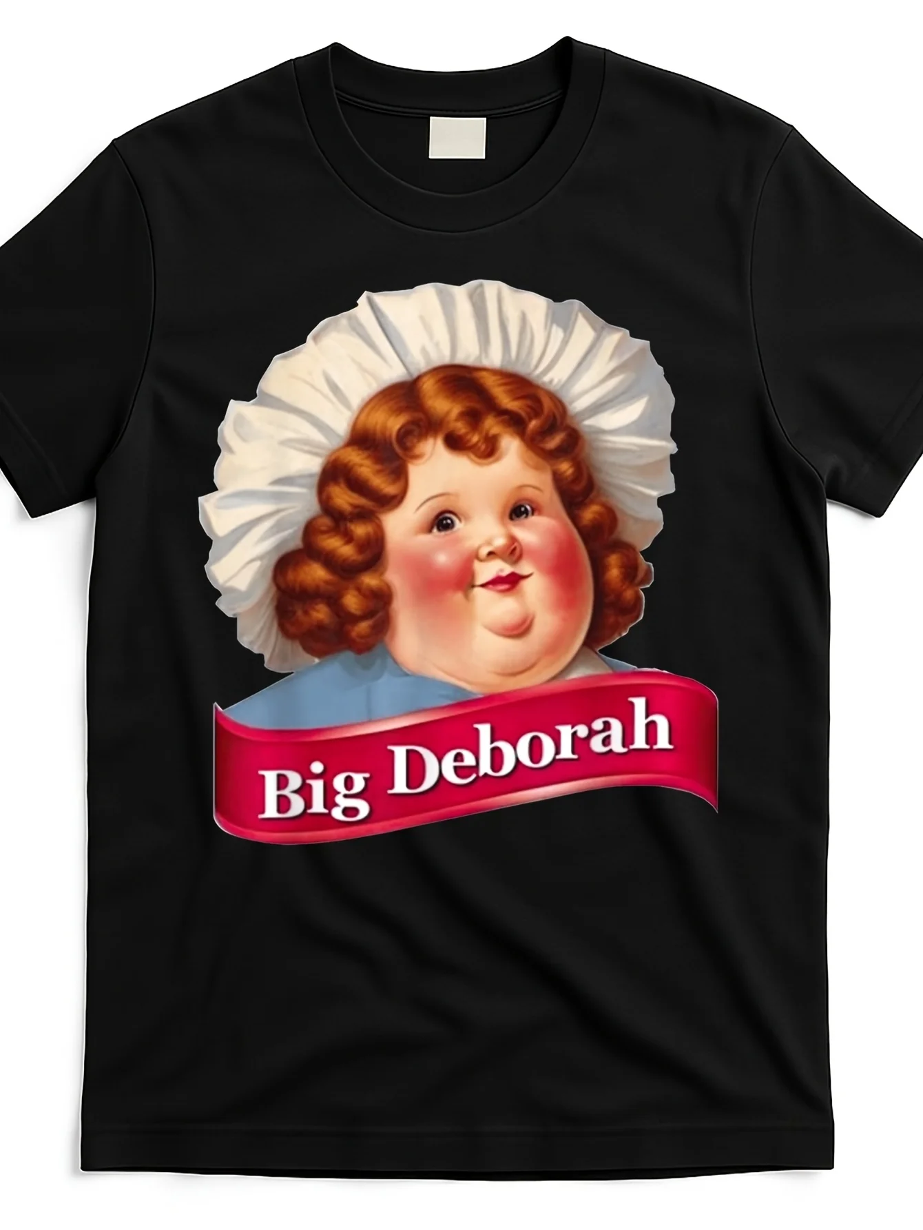 Vintage Style Large Size Deborah Graphic T-Shirt - Men's Plus Size Black Short Sleeve with a Smiling Child Wearing a Ruffled Hat and a Blue Robe, Retro Advertising Art Design - Ideal for Casual Wear
