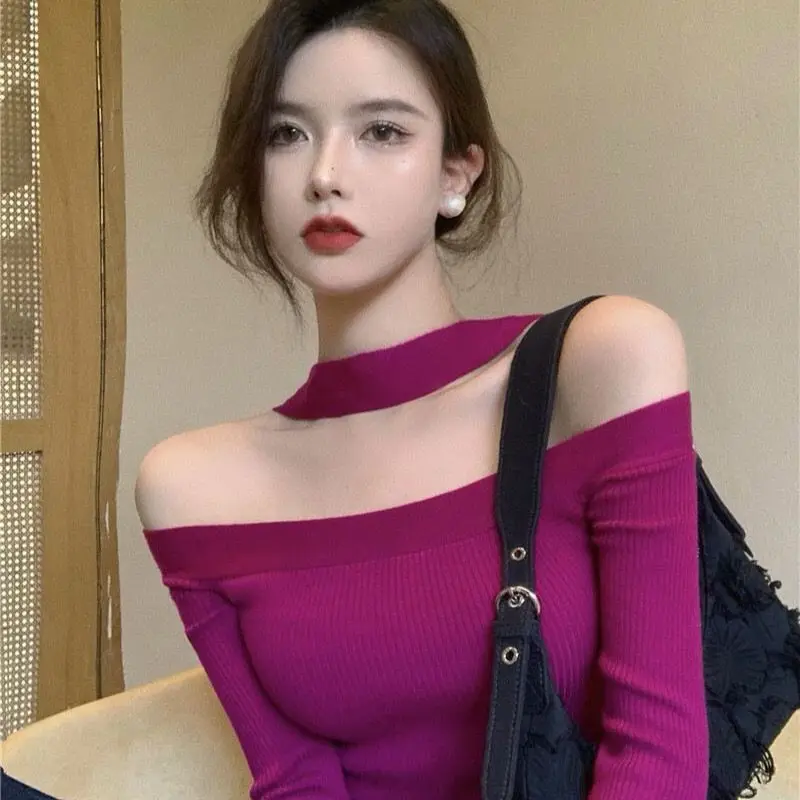 Vintage Knitting Short Tops Tees Spring Autumn New Long Sleeve Slash Neck Solid Slim Bottoming Shirt Sexy Fashion Women Clothing