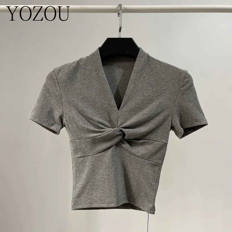 [YOZOU] Cotton Summer Folds V Neck White Black Gray Short Sleeve Crop Top Basic Slim Bodycon Baby Tee Tshirt Women Y2k Girl