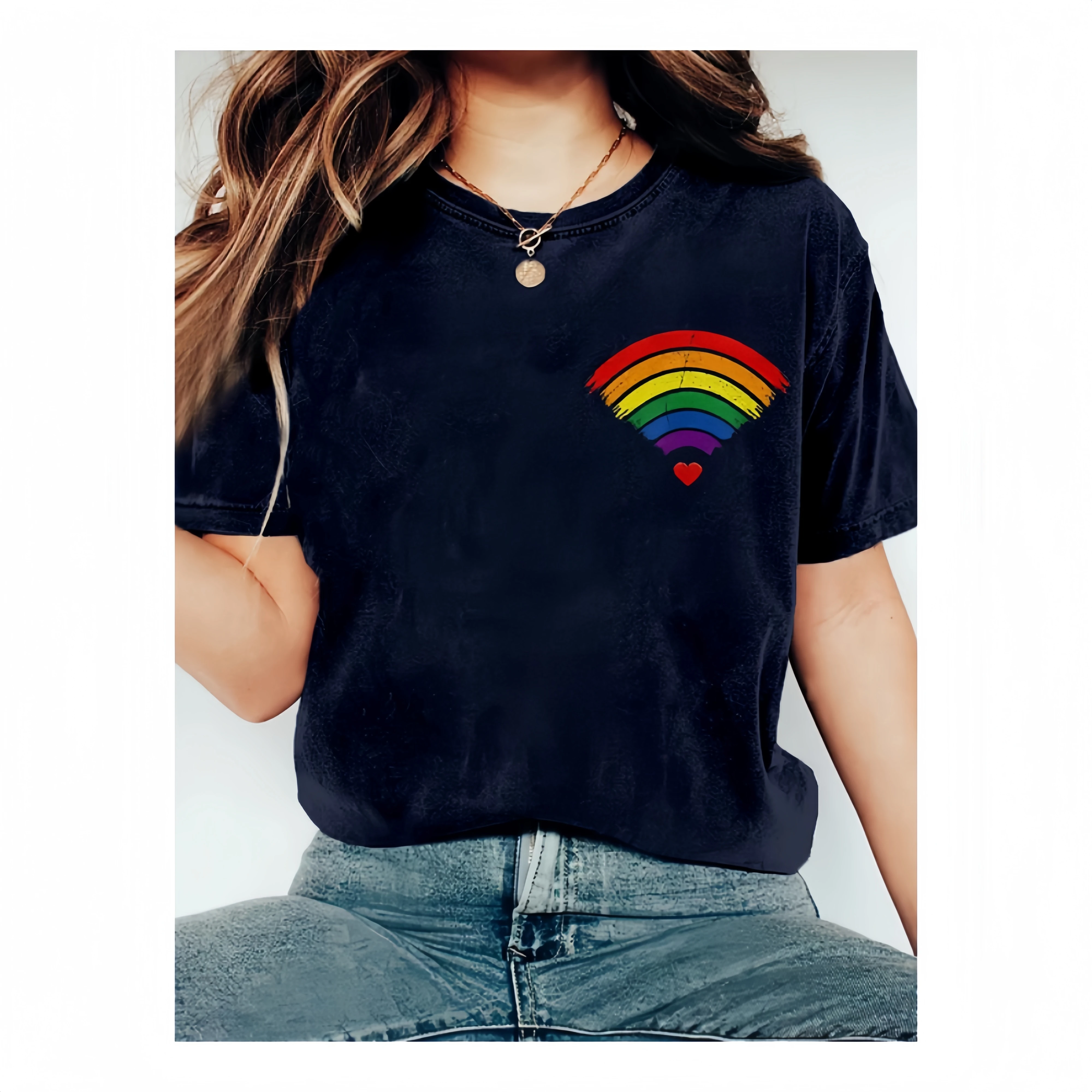 

Women O Neck Short Sleeved T-Shirt Rainbow Love Print