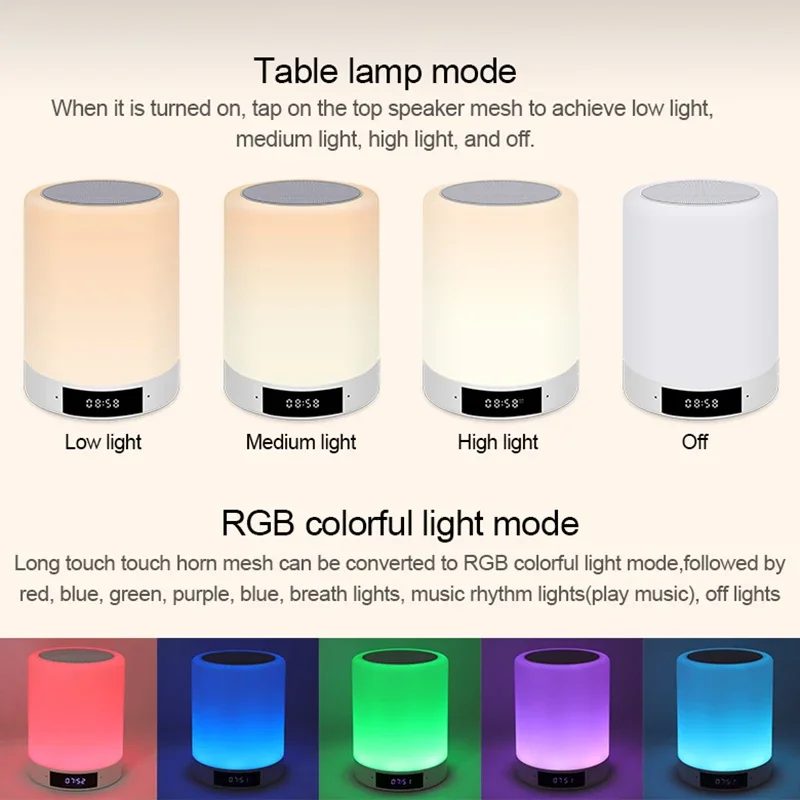 Veilleuse LED avec horloge, lampe à capteur tactile, lumière colorée RVB douce, cadeau pour enfant, chambre de bébé, haut-parleur Bluetooth multifonctionnel