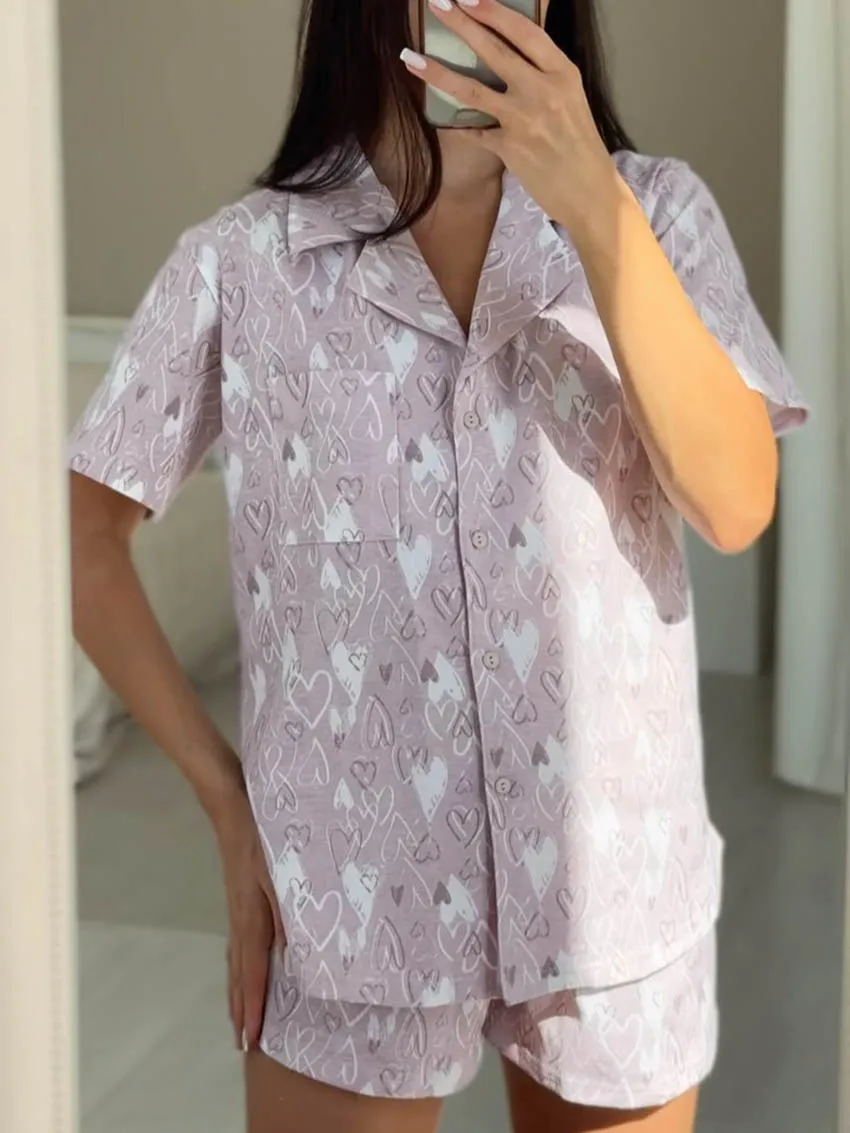

Marthaqiqi Printing Female Nightwear Set Short Sleeve Sleepwear Sexy Turn-Down Collar Pajamas Shorts Casual Women Nightgown Suit
