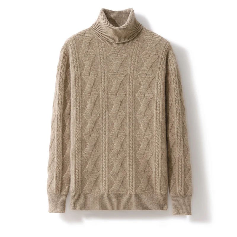 100% Merino Wool Solid Color Turtleneck Cable-Knit Sweater Long Sleeves Pullover Cashmere Men Soft Comfortable Warm Clothing Top