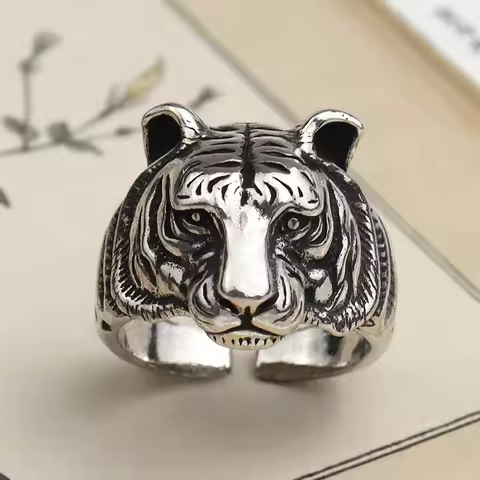 Retro Tiger Head Ring For Men Silver Color Punk Gothic Rock Hiphop Adjustable Open Ring Biker Accessories Designer Jewelry Gift