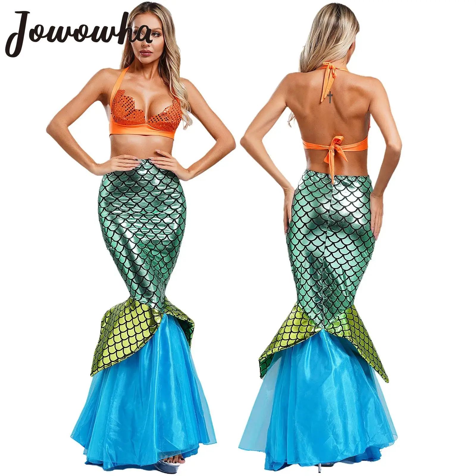 Womens Sexy Mermaid Costume Scallop-shaped Cup Lace-up Bra Top with Fish Tail Maxi Skirt for Halloween Carnival Party Cosplay