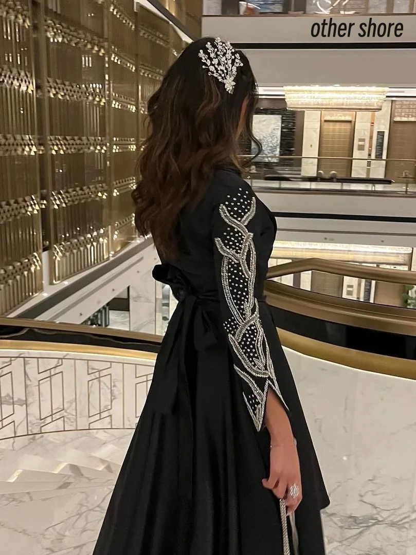 Other Shore Elegant Vintage Sexy Black Beading Ribbon A-Line Customize Formal Occasion Prom Dress Evening Party Gowns