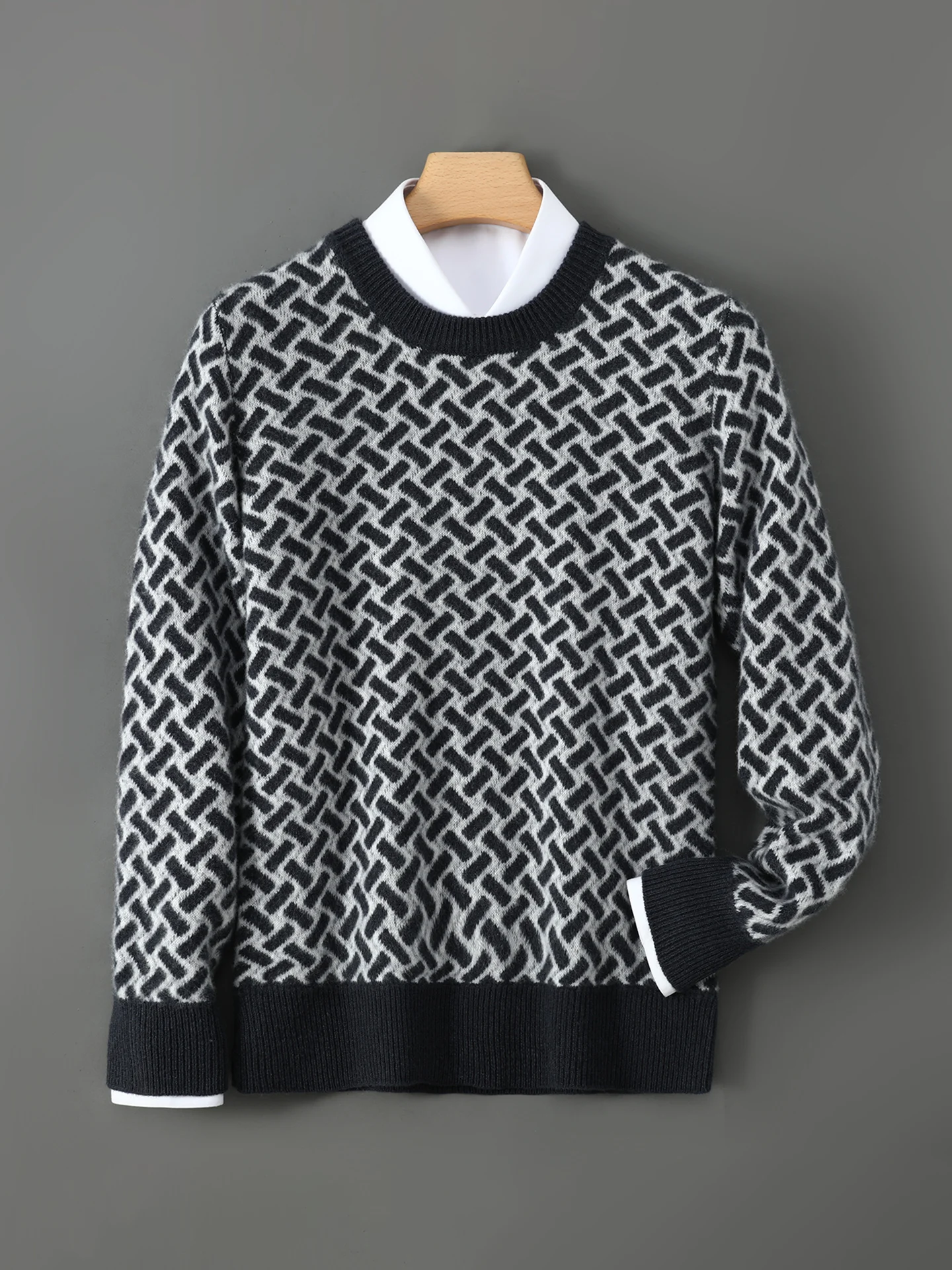 Męski sweter z okrągłym dekoltem, wykonany w 100% z australijskiej wełny, nowy, dzianinowy, casualowy, z długim rękawem, biznesowy męski sweter typu pulower na jesień i zimę. — 2
