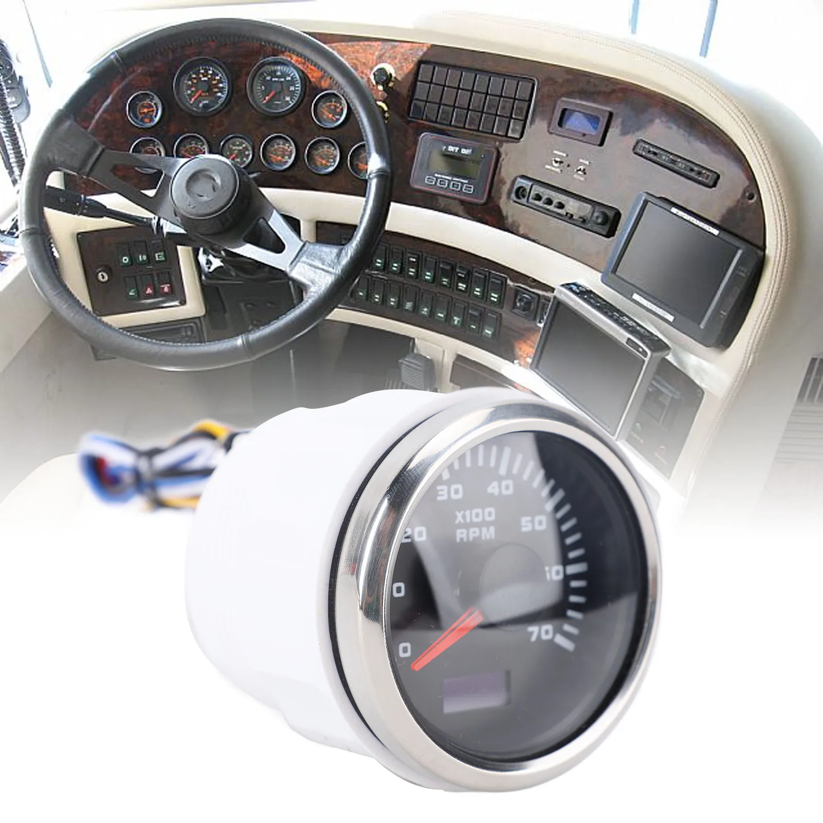 

7000RPM Tachometer 52mm 7000RPM Tachometer with Hourmeter 7 Color Backlight 9-32V RPM Gauge for Truck Tractor Car RV Boat