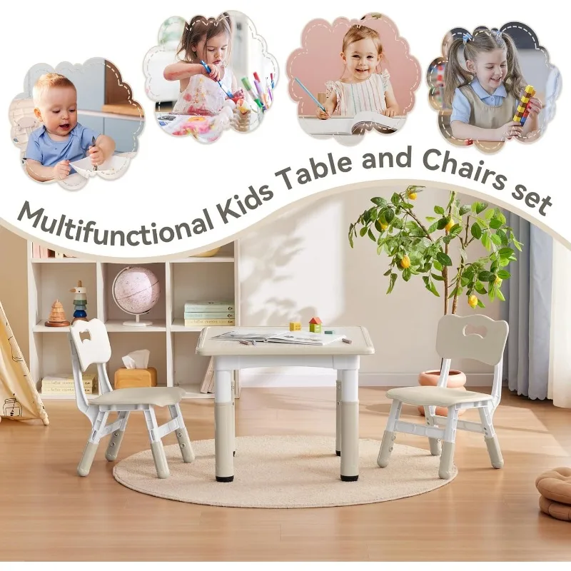 Kids Study Table and Chairs Set, Height Adjustable Toddler Table and Chair Set for Kids Ages 3-8,  Graffiti Desktop Plastic