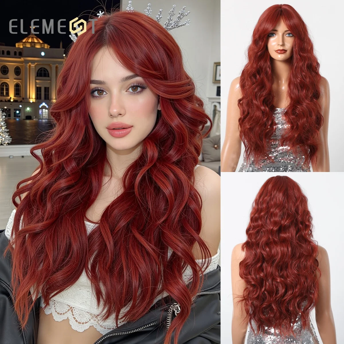 

Длинный волнистый синтетический парик Element Красновато-коричневого цвета с челкой Натуральный парик для женщин Термостойкие волосы для повседневной вечеринки и косплея