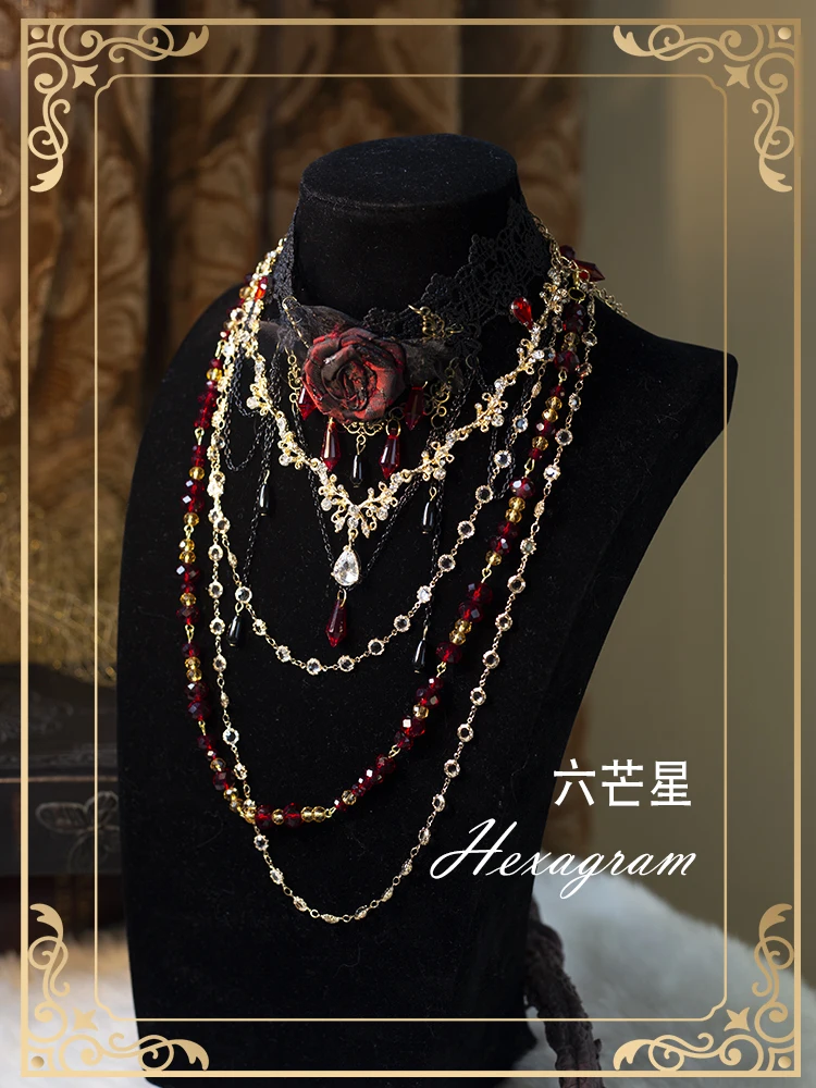 [Wabi Sansi Rose Knight] Hexagram Original Lolita Handmade Halloween Gothic Dark Lace Necklace Accessories