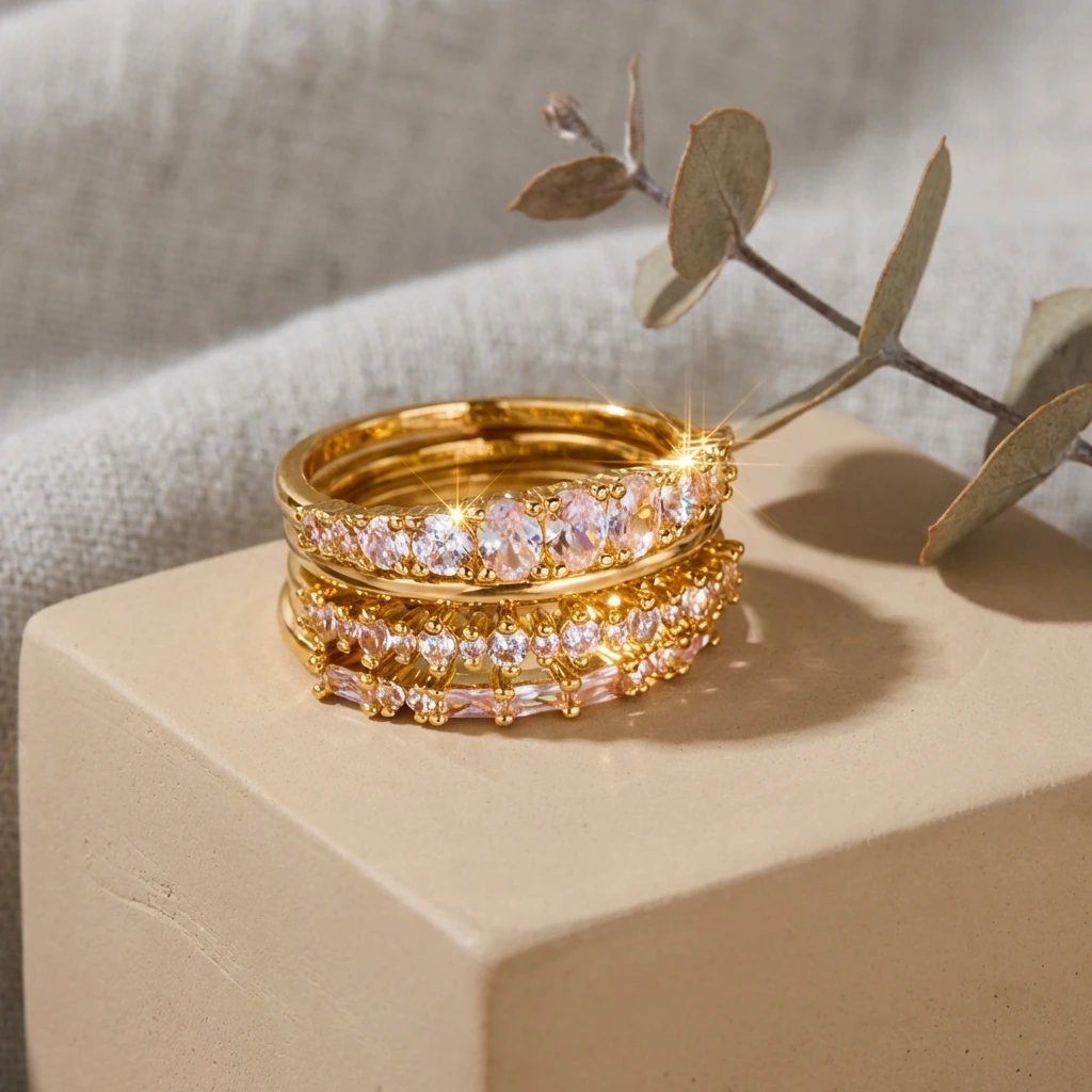 4-teiliges glänzendes Zirkonia-Stapelring-Set für Damen, exquisiter goldfarbener geometrischer CZ-Fingerring, Freundschaftsschmuck-Accessoires – Detail 5