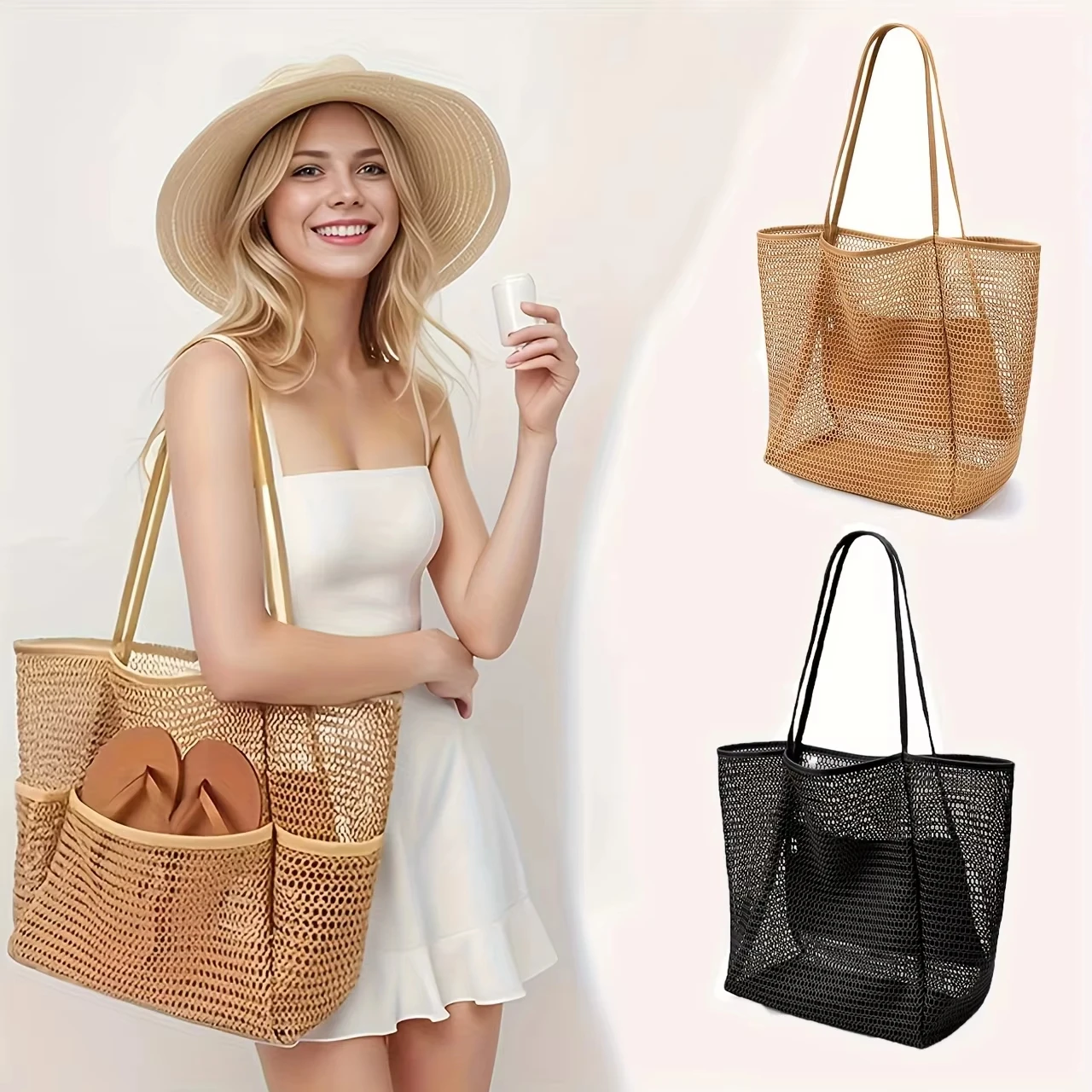 Women's Large Capacity Beach Tote Bag Durable Polyester Woven Open Top Shoulder Bag for Travel And Shopping
