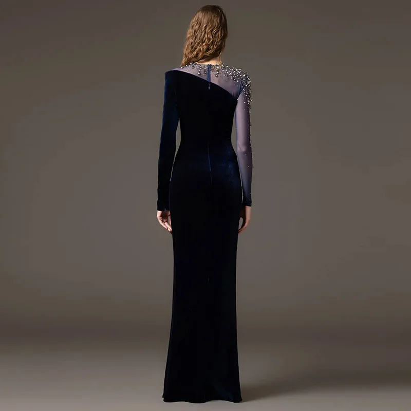 فستان سهرة جاهز للارتداء عالي الجودة من سلسلة المشاهير فستان طويل شبكي مطرز باللون الذهبي المخملي ropa mujer vestidos TRAF