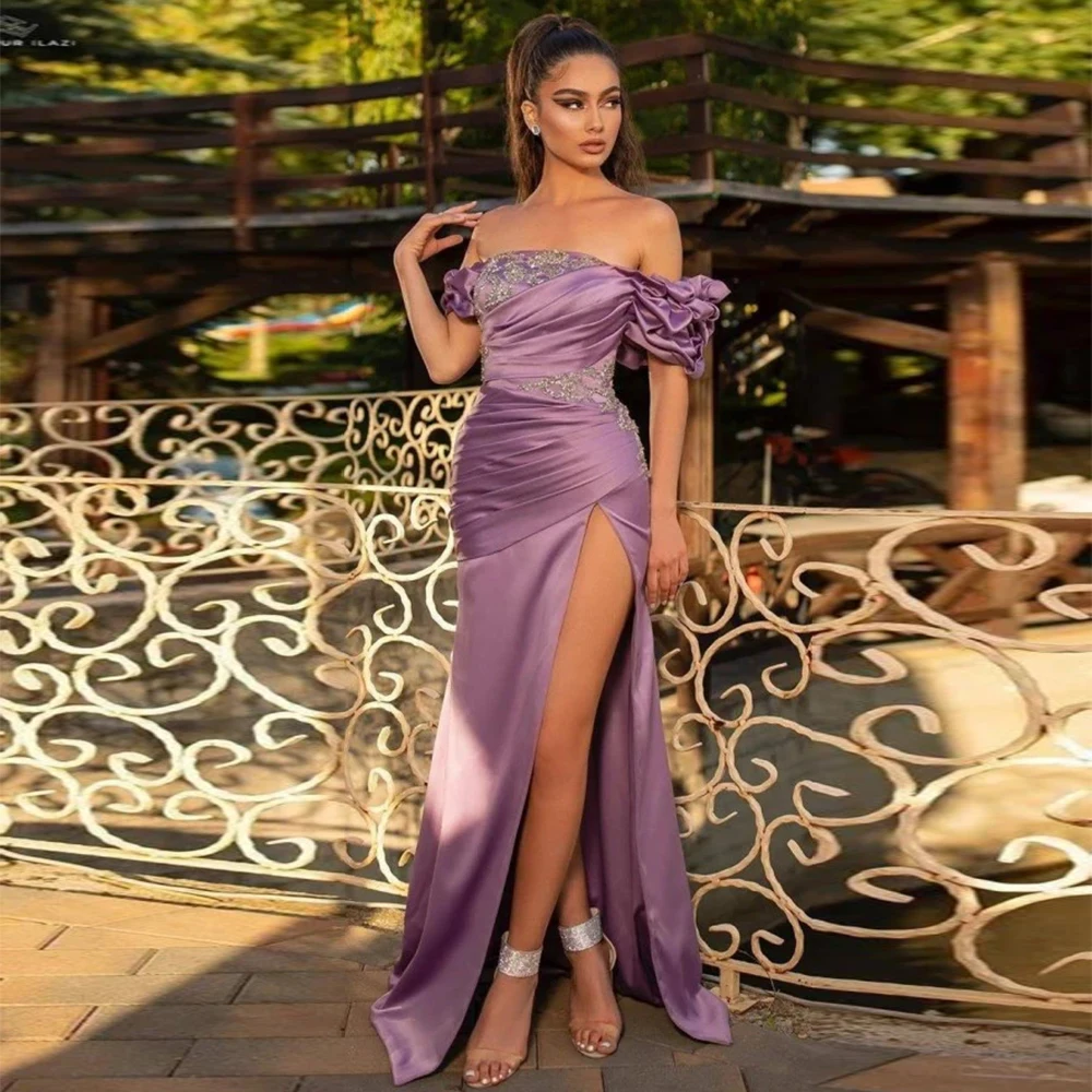 

2023 Women's Sexy Off Shoulder Evening Dresses Satin Pleated Mermaid Side High Split Gown Prom Gowns Beaded Applique Vestido De