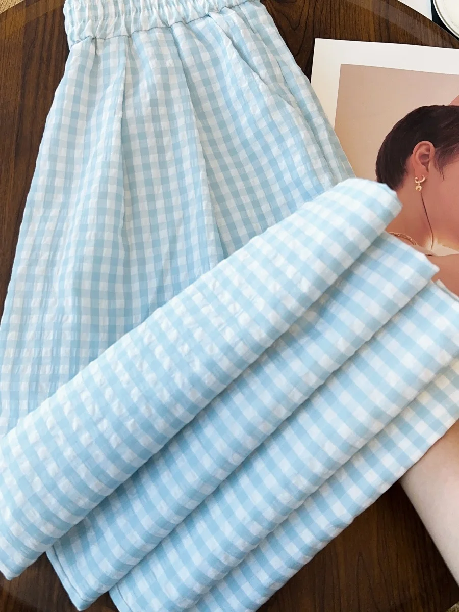 

High Waist Wide Leg Plaid Pants Mint Blue Korean Style Fashion Artistic Small Size Women's Clothing Draped Feel Trendy Trousers