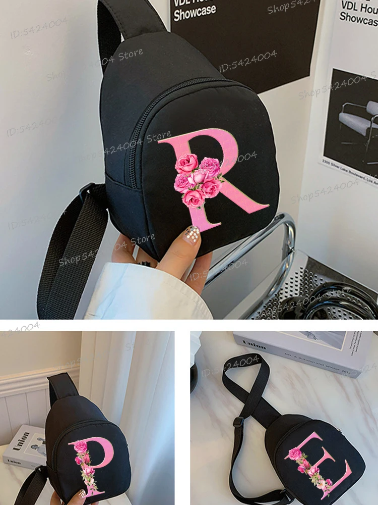 Bolso de pecho con alfabeto de flores rosas, bolso cruzado de dibujos animados para niños y niñas, bolso de hombro informal de moda con monedero para viajes diarios
