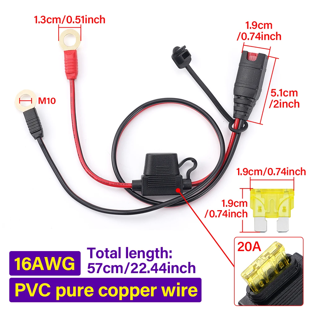 Wiązka przewodów 16AWG 57CM X-Connect M6/M10 Zaciski oczkowe kompatybilne z ładowarką akumulatorów NOCO Trwałe przewody ładowarki akumulatorów