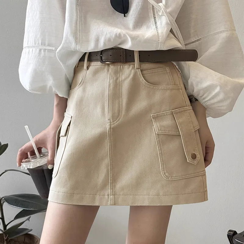 Casual Khaki Cargo Skirt Women Y2K Summer Korean Fashion High Waist Vintage Denim Pocket A-line Mini Skirt Female