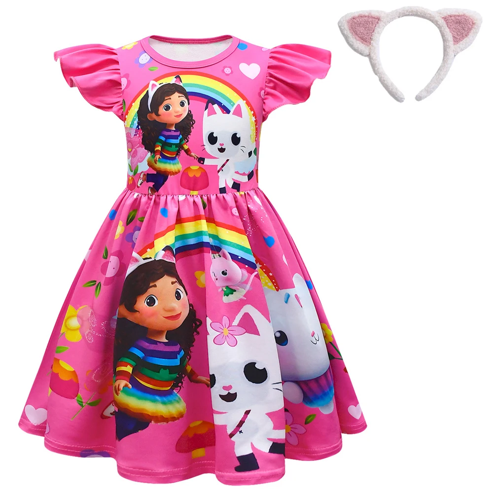 Cartoon Gabby Cats Baby Girl Dresses Kids Gabby\'s Doll House Clothes Cosplay Costume Children Fly Sleeve Casual Dress + Headband