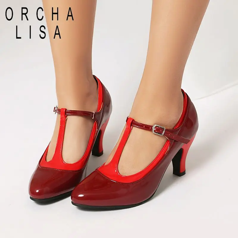 

ORCHA LISA Горячие женские туфли Мэри Джейн с круглым носком, ремешком с пряжкой, на высоком каблуке 8,3 см, разноцветные, большие размеры 42, 43, для свиданий