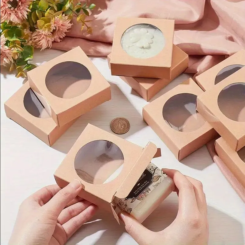 10/20/30/50pcs Kraft Paper Box,Square Small Gift Box with Round Clear Window,Paper Gift Packaging Box,for Wedding Party Birthday