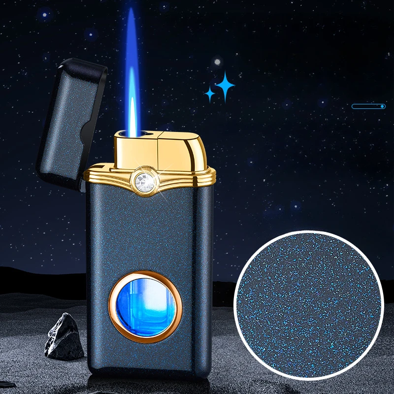 

LED Blue Light Gas Window Butane Gas Lighter Metal Windproof Direct Spray Blue Flame Lighter Smoking Accessories Men's Gift