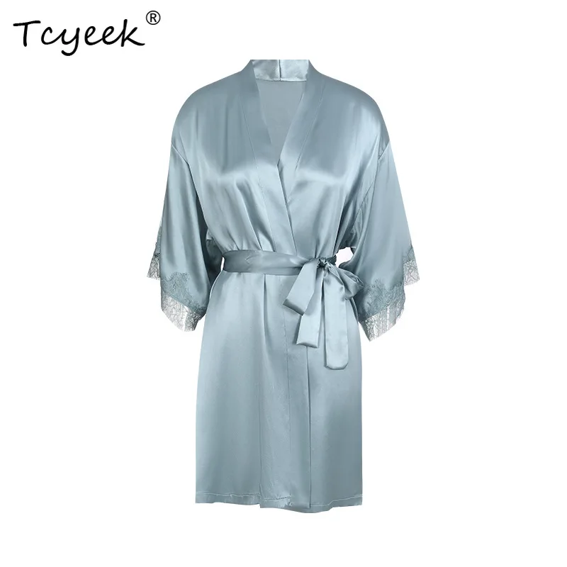 

Tcyeek, 19MM 100%Real Silk Lace Night Robe, Women V Neck 3/4 Sleeve, Elegant Sexy Pajamas, 2024 Summer Autumn New P550143QM