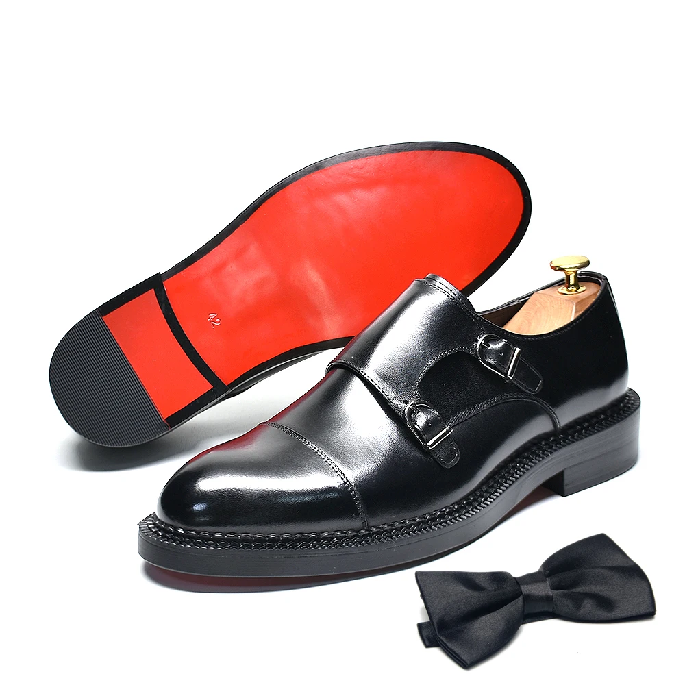 

Luxury Genuine Leather Men's Wedding Dress Shoes Buckle Monk Strap Red Sole Cap Toe Black Brown Business Formal Shoes for Man