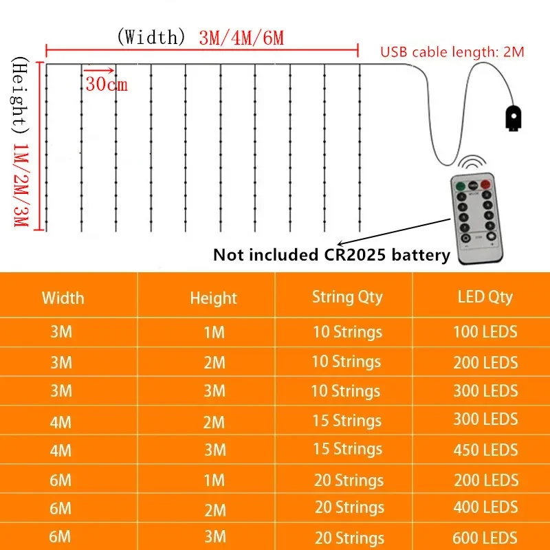 USB 커튼 조명, 8 가지 조명 모드 LED 스트링 조명, 정원 휴일 크리스마스 웨딩 홈 장식 파빌리온 조명, 6m, 4m, 3m