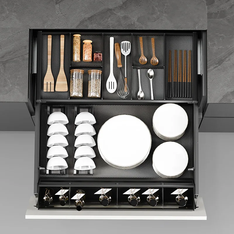 Kitchen easy-pull basket, cabinet tilts and freely pulls bowls and dishes, three-layer drawer-style spice cookware pull-out